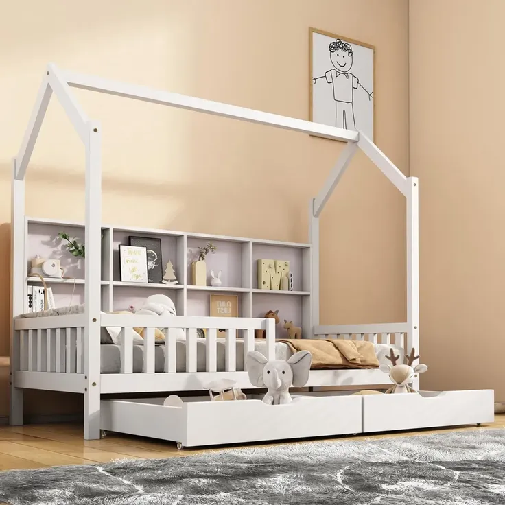 Kinderbett Hausbett mit Rausfallschutz, 2 Schubladen und Lattenrost, 90x200 cm, Einzelbett, Kiefer – Bild 2