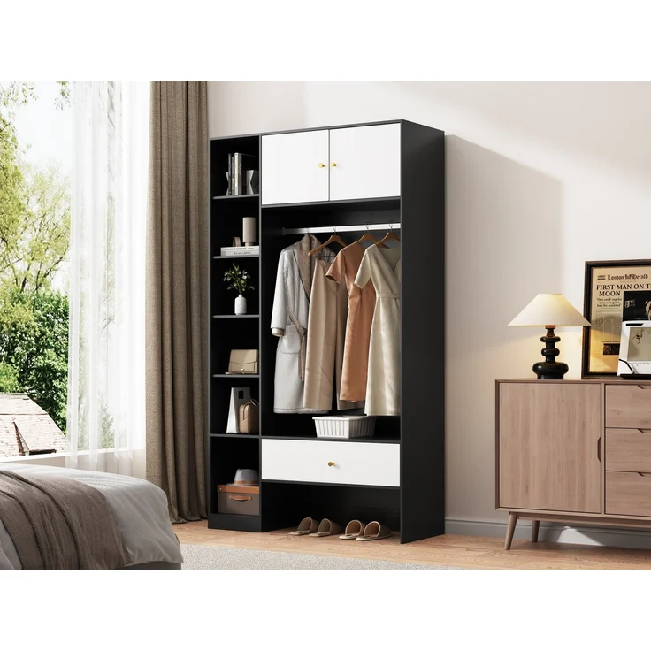 Merax Kompakte Flurgarderobe in Schwarz+Weiß Garderobenset mit 2 Türen, 6 Fächern, Kleiderstange & Schublade – Bild 6