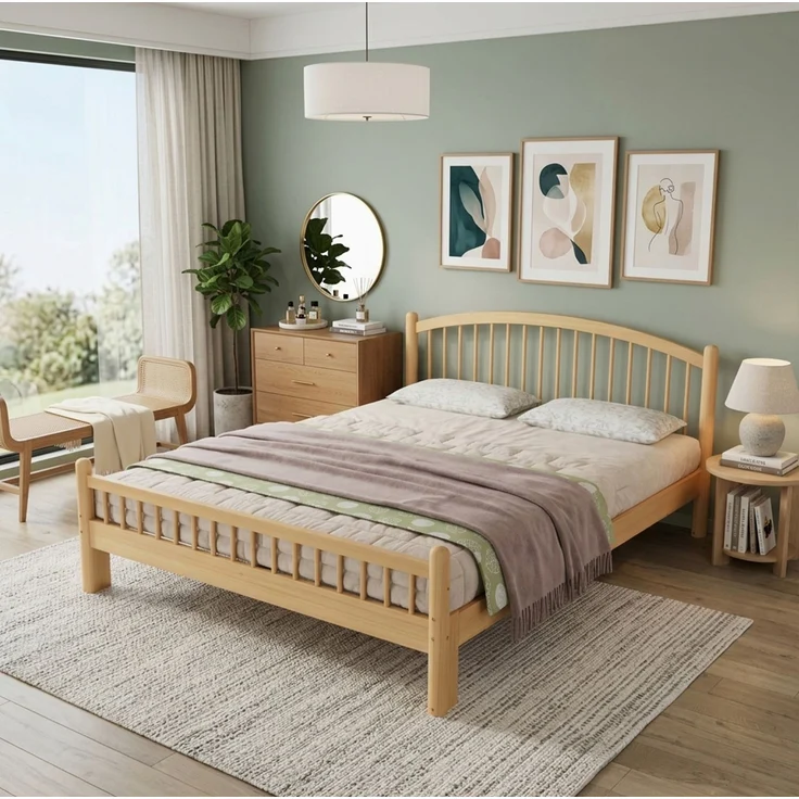 CHICFURN Bett aus Kiefernholz Beige/Natur 140x200 cm mit Lattenrost und Gitterkopfteil – Bild 1
