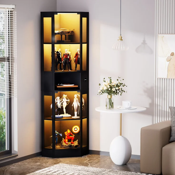 Fünfstöckige Glasvitrine mit Stauraum, LED-Beleuchtung, Glastüren und intelligenten Sensoren, Geeignet für Wohnzimmer, Schlafzimmer und Büros. Schwarz.--Schwarz--57x40x165cm--YOUDENOVA – Bild 3