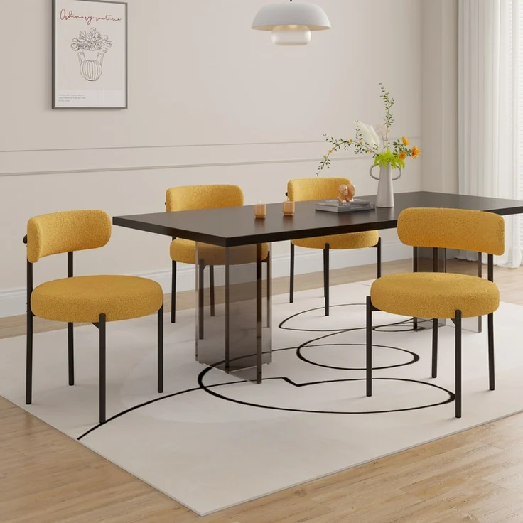 Hawthyhome Esszimmerstühle 4er Set Polsterstuhl mit runder Rückenlehne, Teddy Stoff Boucle Bezug, weich & kuschelig, ergonomisches Design, stabiles schwarzes Metallgestell, vielseitig für Esszimmer, Küche & Wohnbereich, Gelb – Bild 6