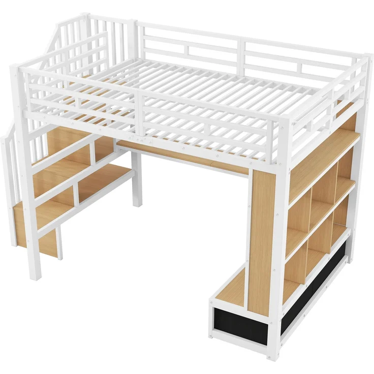 Merax 140x200 Hochbett, Doppelbett mit Schreibtisch und Regalen, zwei integrierten Schubladen, Treppe mit Stauraum, Weiß – Bild 7