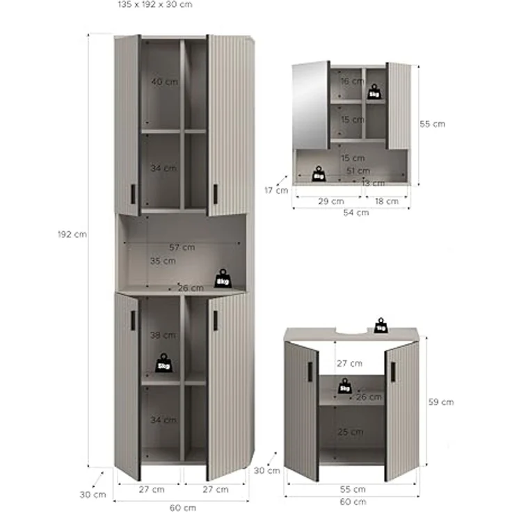 xonox. home – Badkombination Mone 135x192x30 cm in Kaschmir Nachbildung – 3-teiliges Set mit Badschrank, Waschbeckenunterschrank & Spiegelschrank – funktional & vielseitig kombinierbar – Bild 4