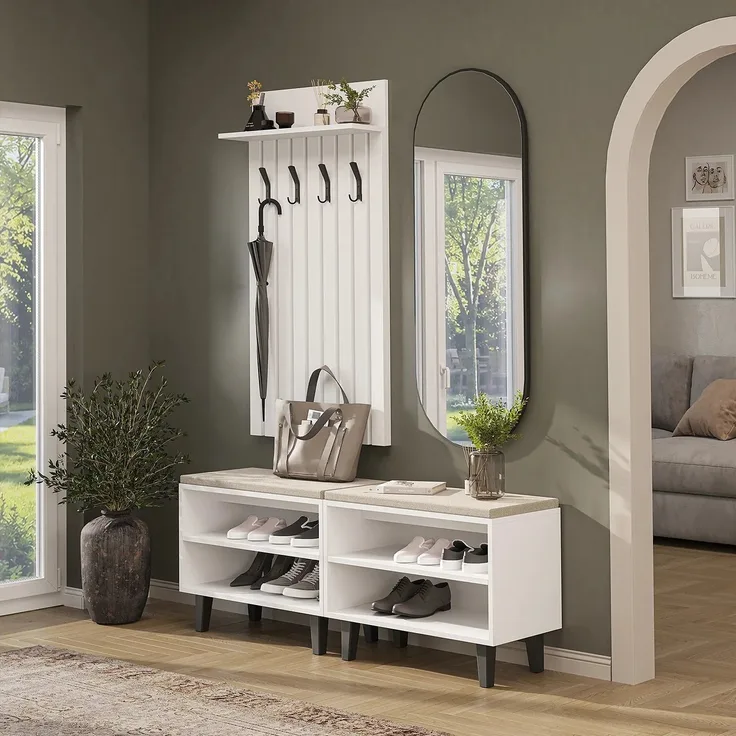 Roomart NORD Garderobenset 4-teilig – 2 Sitzbänke, Garderobenpaneel & ovaler Spiegel – Flurgarderobe – H 53 x B 73.6 x T 35 cm (Sitzbank) • Weiß