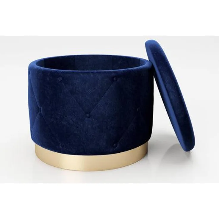 PLAYBOY - Pouf LIZ" gepolsterter Sitzhocker mit Stauraum, Samtstoff in Blau und Chesterfield-Optik, goldener Metallfuss, Retro-Design"