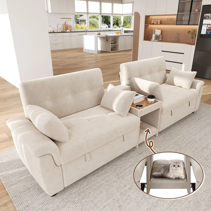 Merax U-förmiges Schlafsofa, ausziehbar, Doppel-Schlafauszug, verstellbare Rückenlehne, Haustierbereich, Couchtisch mit 2 Becherhaltern, 4 Kissen, Chenille, Beige, 284×138×89 cm – Bild 6