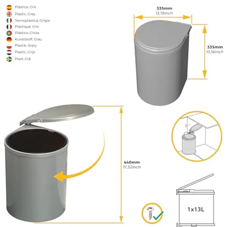emuca 8035821 Abfalleimer 13 Liter ab 40 cm Schrankbreite, Kunststoff grau – Bild 4