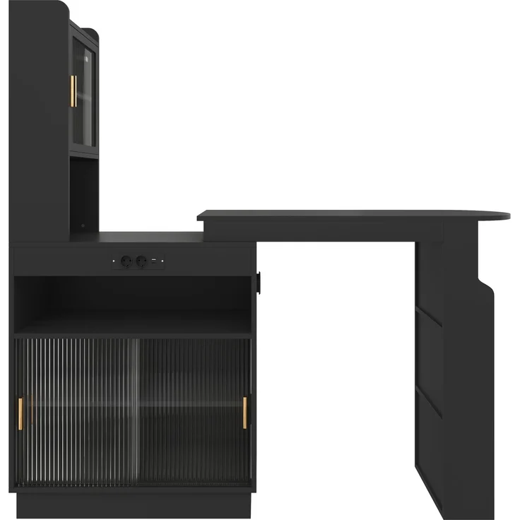 ZUBALIYA Küchenschrank mit Glastüren / Barschrank & Sideboard, mit ausziehbarer Bartisch & Stehtisch mit Stauraum und steckdose, Schwarz, 131–170 x 40 x 170 cm, fürs Büro, mit LED, Samt – Bild 14