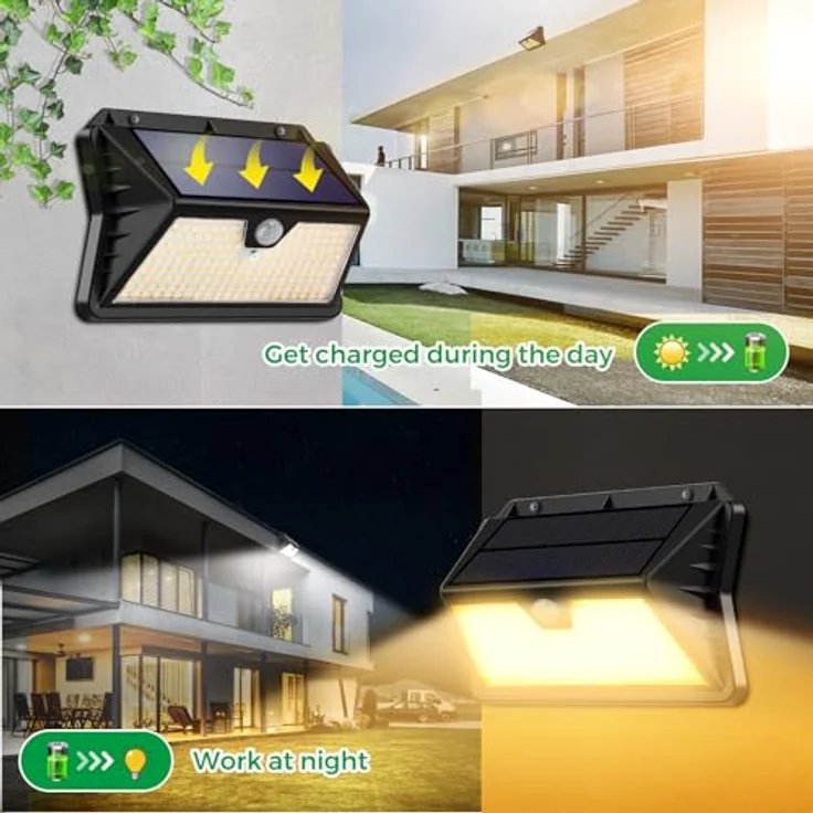 OUILA Solarlampen für Außen, 3 Modi LED Solar mit Bewegungsmelder, 185 LED Solarleuchten Lampe Outdoor IP65 Wasserdichte Wandleuchte für Garten, Hof, Stufen, Deck, Haustüren, Garage(2 Stück Warmweiß – Bild 5