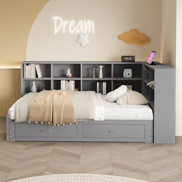 Ball & Cast Stauraumbett (90/180x190 cm) mit Schublade, Schlafsofa mit Vielen Ablagefächern + Multifunktionale Euro-Steckdose, Einfach & Zeitsparend Montierbar, Grau – Bild 4