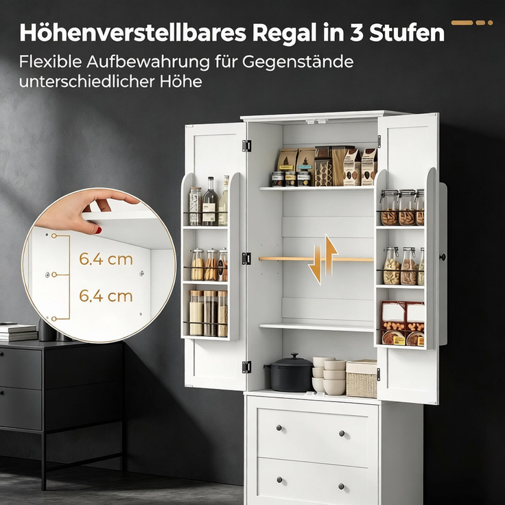Hochküche Buffet, Küchenschrank 2 Türen, 2 Schubladen, 6 Tragstelle, verstellbare Regale(nur mit 1pcs Hochküche Buffet)--Weiß--80x39.5x184.5cm--YOUDENOVA – Bild 6