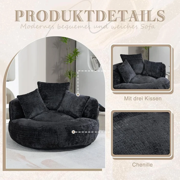 Couch Sitzsack Lounger Boneless Chenille 3 Kissen Gaming Schwarz – Bild 4