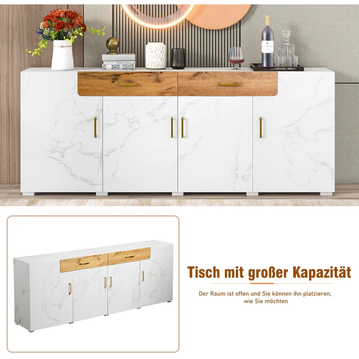 Sideboard, mit 4 Türen, 2 Schubladen & 8 Holzfüßen, 208x39,5x80 cm, Weiß/Braun – Bild 8