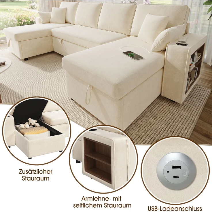 Merax U‑förmiges Ecksofa mit Schlaffunktion, ausziehbares Schlafsofa, integrierter Stauraum, doppelte Chaiselongue mit verstecktem Stauraum, Becherhalter, USB‑Ladeanschluss und Armlehnen‑Ablage, Beige – Bild 5
