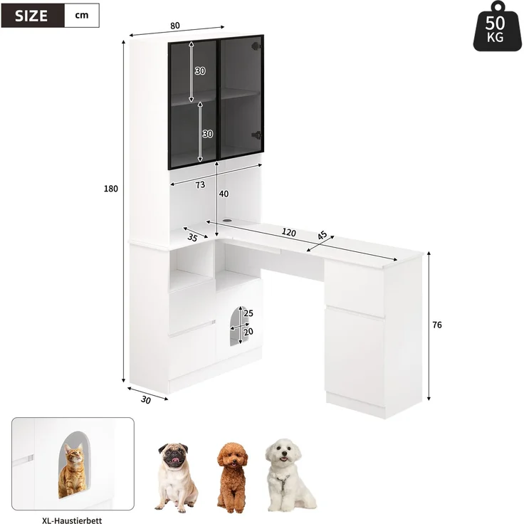 Eckschreibtisch mit Regal und LED-Vitrinenschrank 120×80×180 cm – Schreibtisch mit Kabeldurchlass, 3 Schubladen, 2 Türen, offenen Fächern & Haustierfach,Ein Eckschreibtisch mit eingebautem Bücherregal – Bild 3