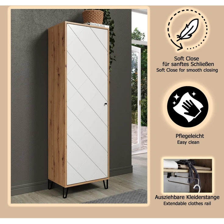 trendteam smart living - Touch - Garderobenschrank - Eiche/Weiß - Kleiderschrank mit ausziehbarer Kleiderstange - Soft-Close - Elegante Metallfüße - (BxHxT) 63 x 194 x 40 cm - Moderne Rautenfräsung – Bild 11