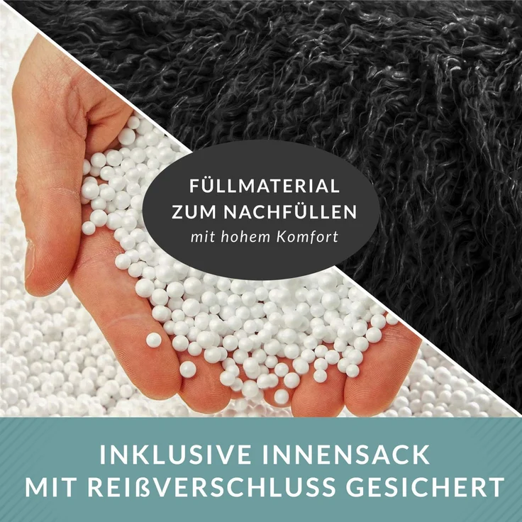Green Bean® Sitzsack Felloptik Indoor 150x100x100cm mit 220 Liter EPS-Perlen Füllung - Kuschelig Weich Waschbar - Schwarz – Bild 7