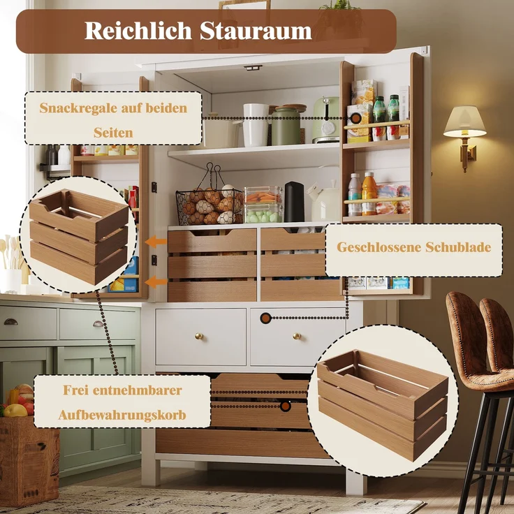Küchenschrank (80x40x140cm), hohes Küchenbuffet, Mehrzweckbuffet, Snackschrank, Aufbewahrungsmöbel mit zwei Türen und fünf Schubladen, schwarz/weiß – Bild 5