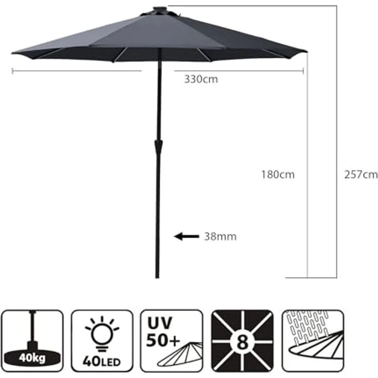 Sekey Solar-LED Sonnenschirm 330cm mit 40 LED, Windfester Gartenschirm UV 50+, Alu-Sonnenschirm mit Kurbel für Terrasse Balkon Garten – Bild 7