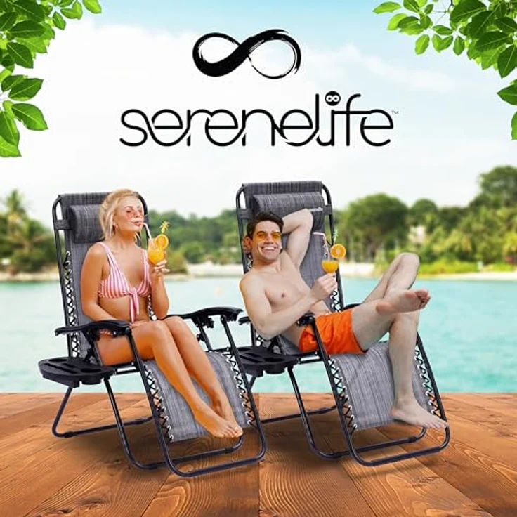 SereneLife Sonnenliege Klappbar 2er Set, Zero Gravity Liegestuhl Garten, bis 120 kg Grau, Verstellbar und Wetterfest, mit Tisch Getränkehalter und Kopfkissen, für Balkon Terrasse Camping Strand Relax – Bild 8