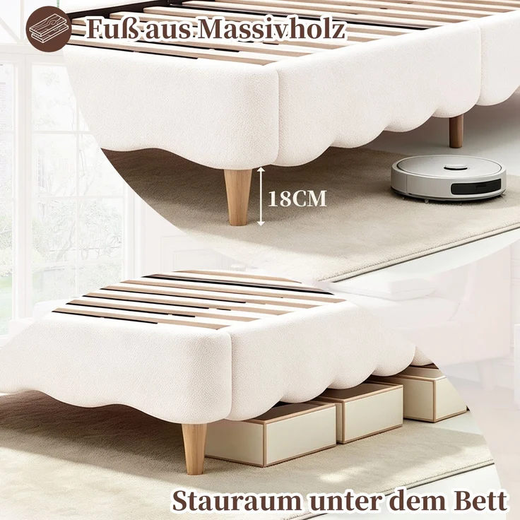Merax Polsterbett, Einzelbett, Kinderbett 90 x 200cm, Bett mit Lattenrost und Kopfteil, Bettbeine aus Massivholz, gepolstertes Kopfteil, bouclé, Weiß – Bild 7
