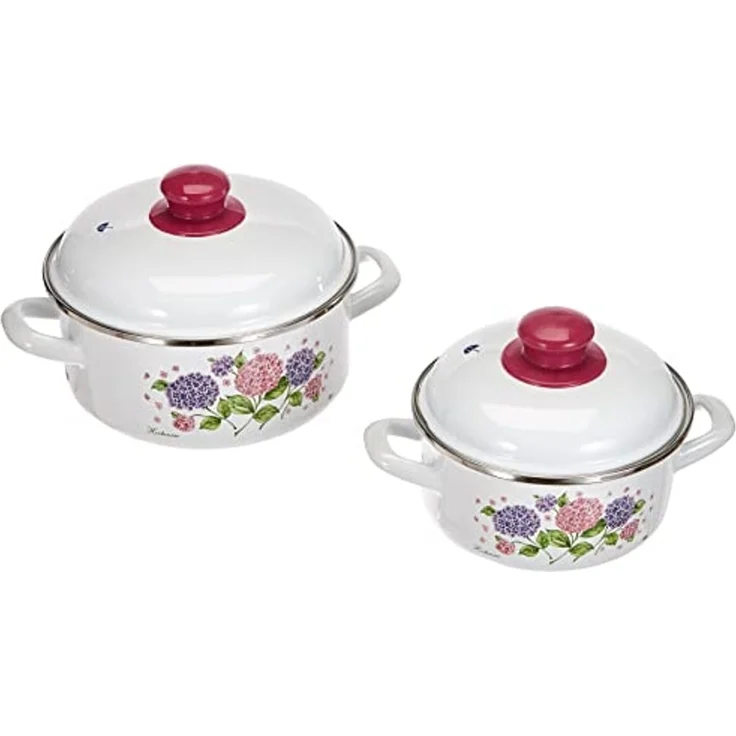GSW Topf-Set Hortensie, Stahl-Emaille (Set, 5-tlg, 1x Kochtopf Ø 16 cm, 1x Kochtopf Ø 20 cm, 1x Stielkasserolle Ø 16 cm), Induktion – Bild 5