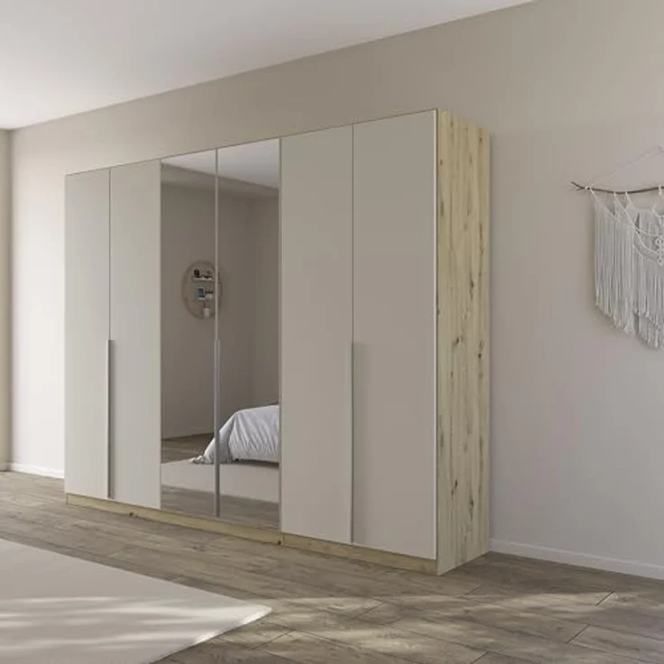 Rauch Möbel Alabama, Kleiderschrank für Schlafzimmer, Kinderzimmer, Wohnzimmer, Garderobe, Flur, 6-türig, Spiegel, mit Zubehör Classic, Farbe Beige/Eiche Artisan. Holz, Breite 271 cm – Bild 2