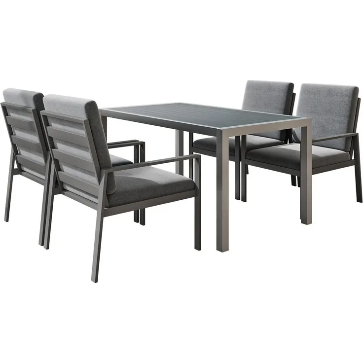 MeXo Gartenlounge-Set Gartenmöbel Set Aluminium Outdoor, (Garten-Essgruppe für 4 Personen, 5-tlg, mit Polywood Tisch & Auflagen), wetterfest für Terrasse & Garten