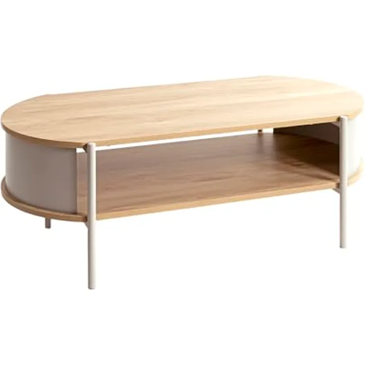 XXXL Couchtisch, Eiche hellgrau, oval, Metall, 54x37x100 cm, offenes Fach