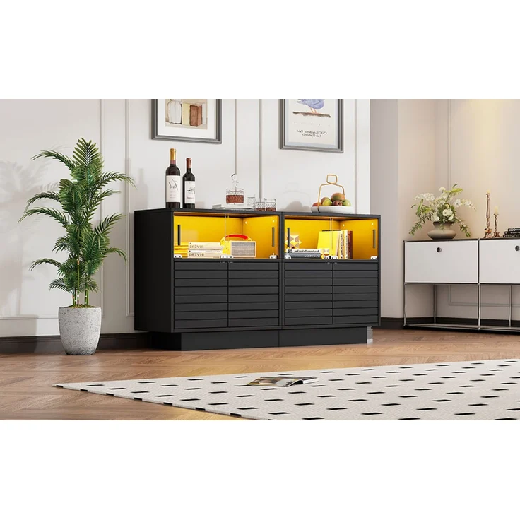 Merax Sideboard mit 2 Kabinett, 4 Fächern, Glastüren, Breite 130 cm, Beistellschrank mit LED-Licht, Wohnraumschrank mit viel Stauraum, Schwarz – Bild 3