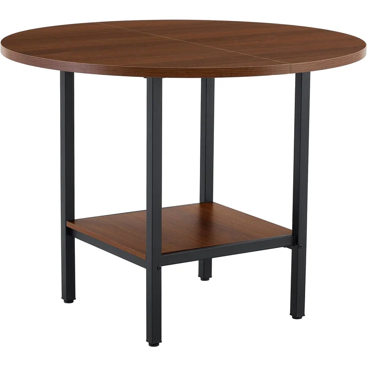 Esstisch rund 100x100x77 cm mit Stauraumablage, Walnuss-Optik und schwarzem Metallgestell – Bild 5