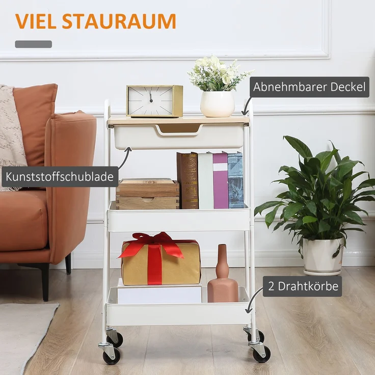 Rollbarer Küchenwagen, 2 Regale, Schublade, Ablage, 4 Rollen, Griffe, Stahl, Weiß--Weiß--43.9x30.5x75.6cm--YOUDENOVA – Bild 6