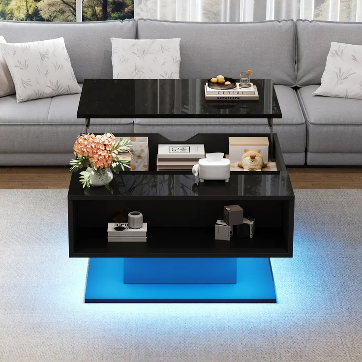 Couchtisch mit LED-Beleuchtung, verstecktem Stauraum und Hochglanzoptik, Lift-Design Sofatisch in Schwarz, mit USB-Anschluss – Bild 3