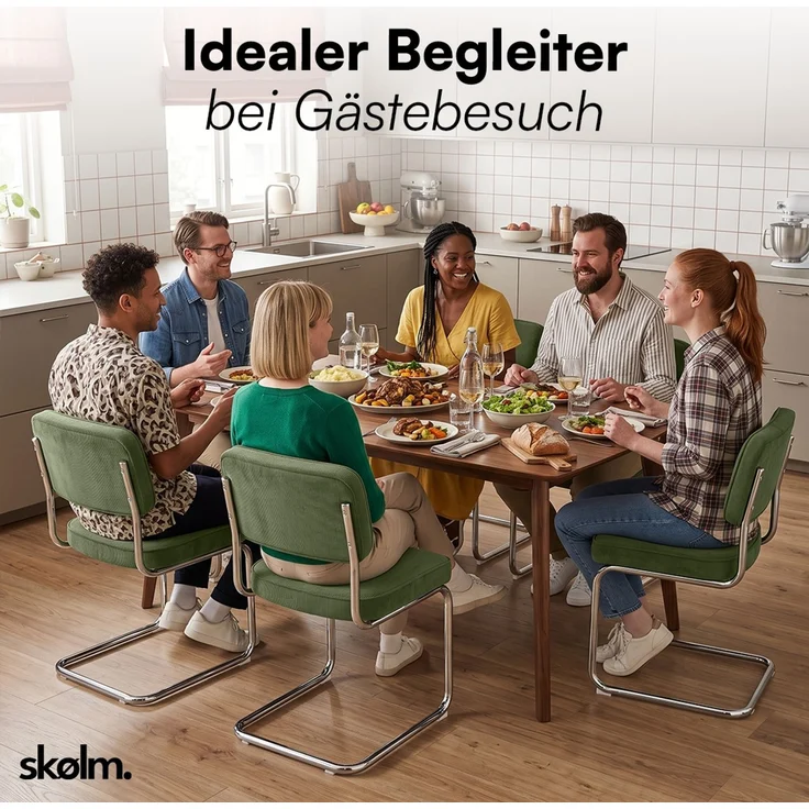 skølm 'Thund' Esszimmerstühle 6er Set, dunkelgrün, Polsterstuhl aus Cord mit verchromten Metallgestell, Schwingstuhl bis 120 kg belastbar – Bild 10