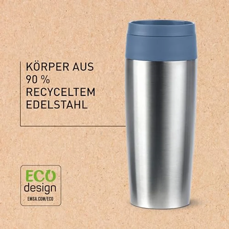 Emsa Travel Mug Eco Isolierbecher, 0,36 l, Comfort-Schraubverschluss, Quick-Press, Öko-Design, 100% dicht, hält Getränke 4h warm und 8h kühl, 360°-Rundum-Trinköffnung, Edelstahl/Blau – Bild 5