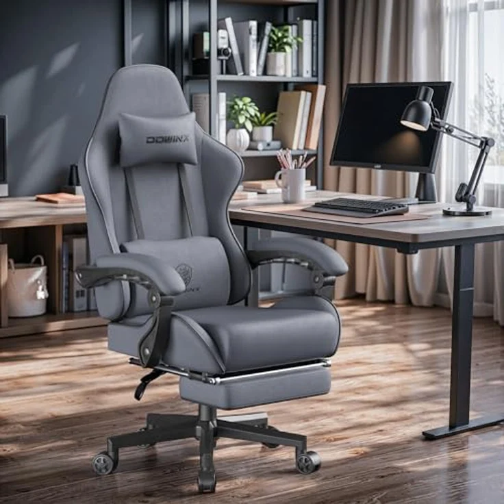 Dowinx Gaming Stuhl Tasche Frühling Kissen, Atmungsaktiver Bürostuhl aus Hochwertigem Stoff, Ergonomischer PC-Stuhl mit Kopfstütze, Drehbarer Schreibtischstuhl mit Fußstütze (Grau) – Bild 3