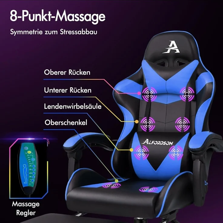 Gaming-Stuhl LED Racing Gamer mit 12-Farben RGB Massage Lordosenstütze Fußstütze – Bild 5