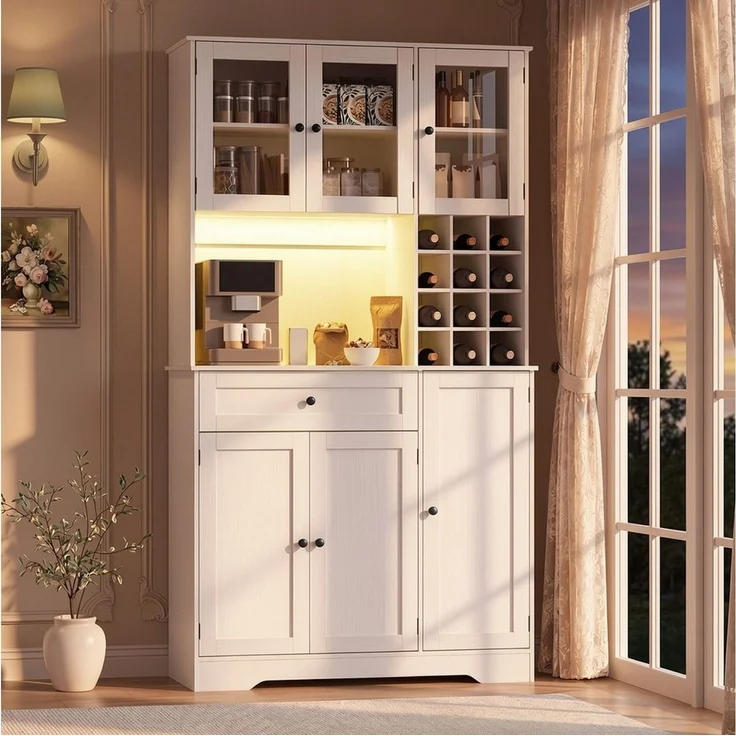Blishom Küchenbuffet Küchenbuffet mit LED-Beleuchtung, Steckdosenfeld und Weinregal Verstellbare Einlegeböden, abnehmbares Weinregal und magnetische Türen – Bild 1