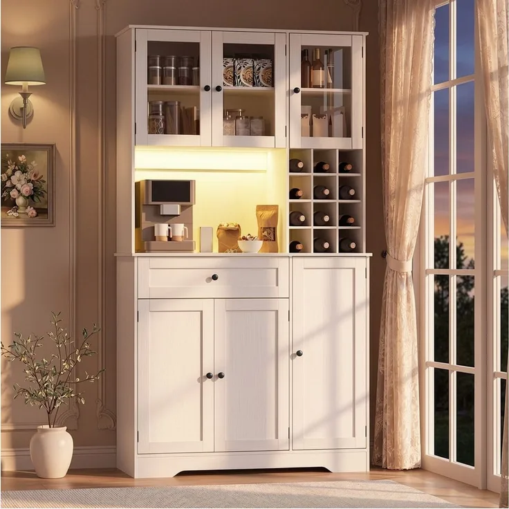 Blishom Küchenbuffet Küchenbuffet mit LED-Beleuchtung, Steckdosenfeld und Weinregal Verstellbare Einlegeböden, abnehmbares Weinregal und magnetische Türen