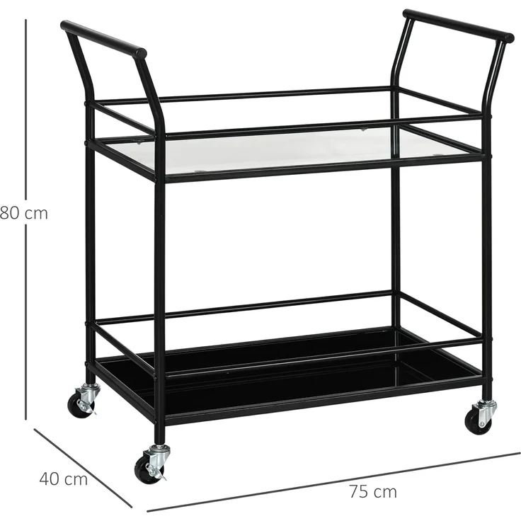 HOMCOM Servierwagen Rollwagen mit 4 Rollen, 2 Ablagen und Griffen, (Küchentrolley, 1 St, Küchenwagen), Schwarz 75 x 40 x 80 cm – Bild 7