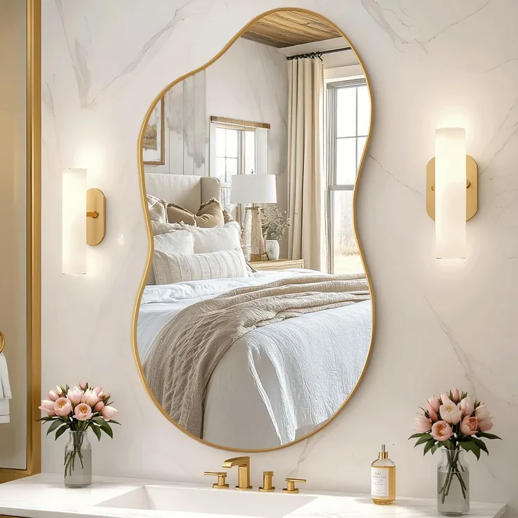 Clevich Spiegel Asymmetrisch 66x116 cm Rahmen Alu, HD Glas Wandspiegel, Moderner Dekor-Spiegel, Schlankes Modernes Design, für Bad Badezimmer Wohnzimmer Flur Schlafzimmer Wand Cloud-Design, Gold