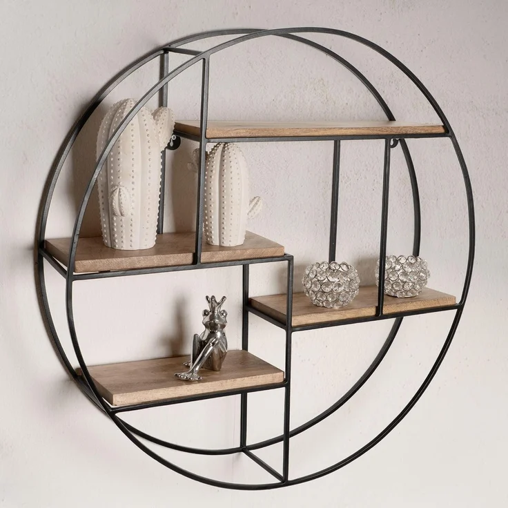 FINEBUY Wandregal FB92220, 70 x 70 x 18 cm Mango Massivholz / Metall Hängeregal, Schweberegal Rund, Regal Hängend Industrial – Bild 4