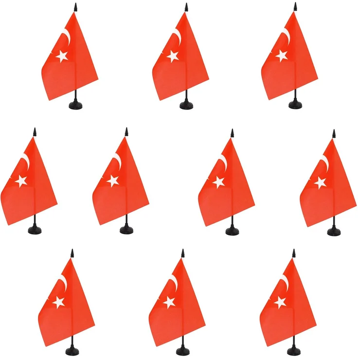 AZ FLAG - 10 Stück Tischflagge Türkei 21x14 cm – 10 kleine türkische Büroflaggen aus 100% Polyester mit Fahnenstange von 25 cm und Sockel aus schwarzem Kunststoff