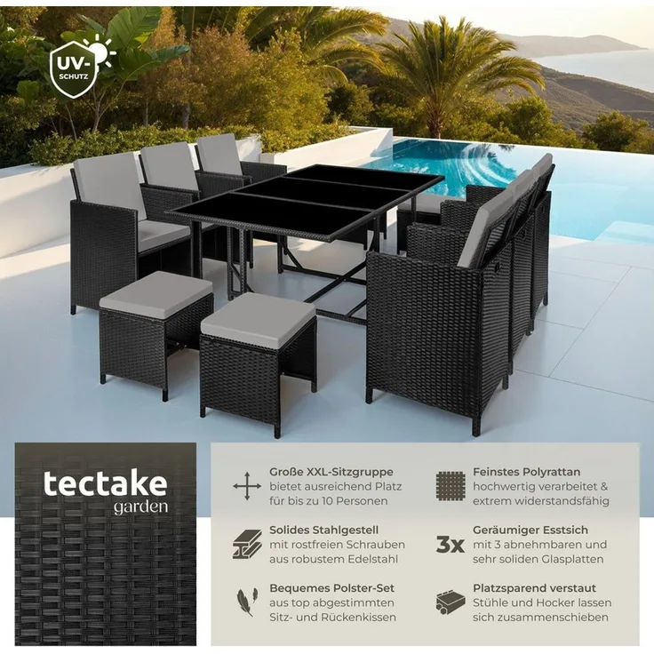 tectake Sitzgruppe Rattan Sitzgruppe, (Set, 12-tlg), für 6 bis 10 Personen