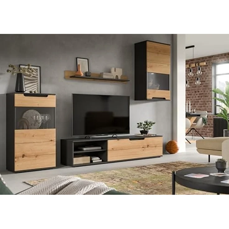 Wohnwand (B/H/T: 246x182x37 cm) in Artisan Nachbildung und Basalt grau – Bild 5