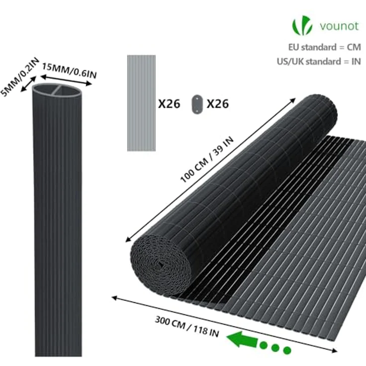 VOUNOT PVC Sichtschutzmatte 100x300 cm Verstärkung Innen, Sichtschutz für Garten Balkon Terrasse Zaun, Sichtschutzzaun Balkonverkleidung Windschutz, Grau – Bild 6