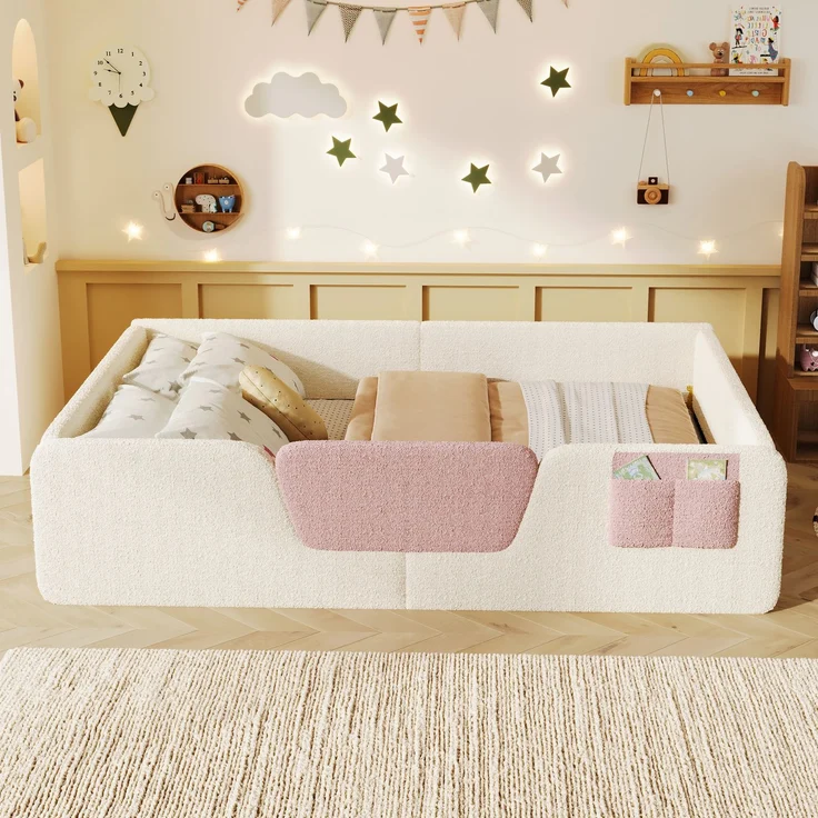 EINHOM Polsterbett, 140 × 190 cm, ohne Matratze, abnehmbare Sicherheitsgitter, integrierte Stofftasche zur Aufbewahrung, einzigartiger Samt, Beige (Ohne Matratze) – Bild 4