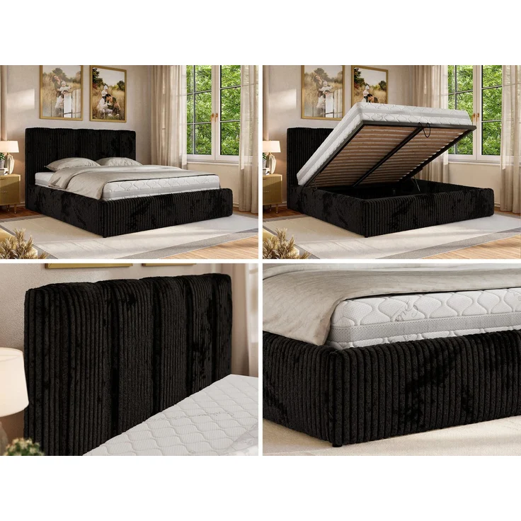 Polsterbett SAVINO CLASSIC mit Bettkasten und Lattenrost Doppelbett 180 x 200 cm mit hohem Kopfteil Stauraumbett Bett mit Gasdruckfeder - Schwarz Cord - Foam Matratze - MIRO LUX – Bild 2