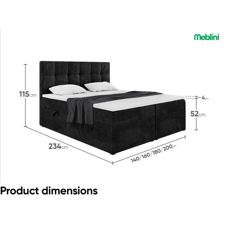 MEBLINI Boxspringbett KAI 200x220cm - H4/Schwarz Samt - mit Bettkasten - Gepolstert Doppelbett mit Matratze und Topper - Polsterbett mit Stauraum - Bett mit Kopfteil - Stauraumbett – Bild 7