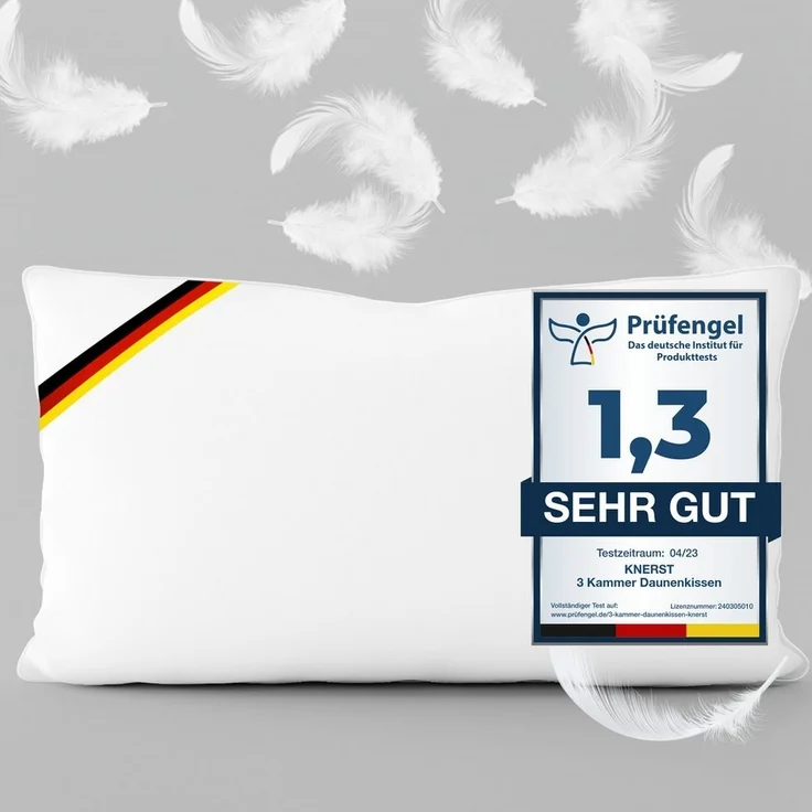 KNERST Daunenkissen 3 Kammer - Luxusqualität, Füllung: 90% Daunen, 10% Federn, Seitenschläfer, Bauchschläfer, Rückenschläfer, Hergestellt in Deutschland, für Allergiker geeignet – Bild 5